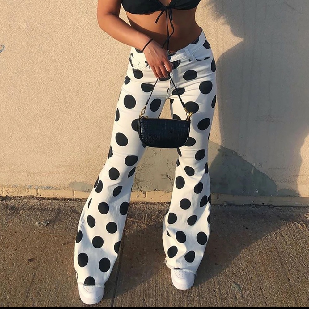 High Rise Stretchy Polka Dot Flare Jeans